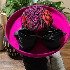 EUC Elegant Black Hat with Red and Pink Accents